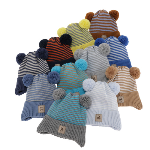 Czapka jesienna, wiosenna dla chłopca, granatowa, z dwoma pomponami, wiązana Laurent