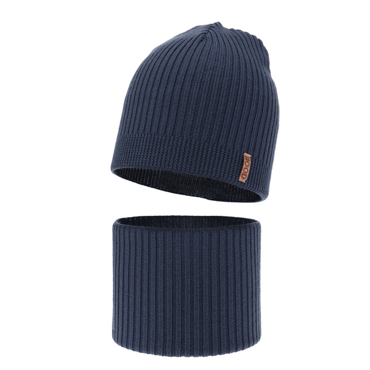 Czapka i komin dla chłopca jesienny, wiosenny komplet, ciemnoniebieski, 100% wełniany merino Chester