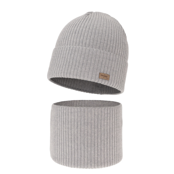 Czapka i komin dla chłopca jesienny, wiosenny komplet, jasnoszary, 100% wełniany merino Intro