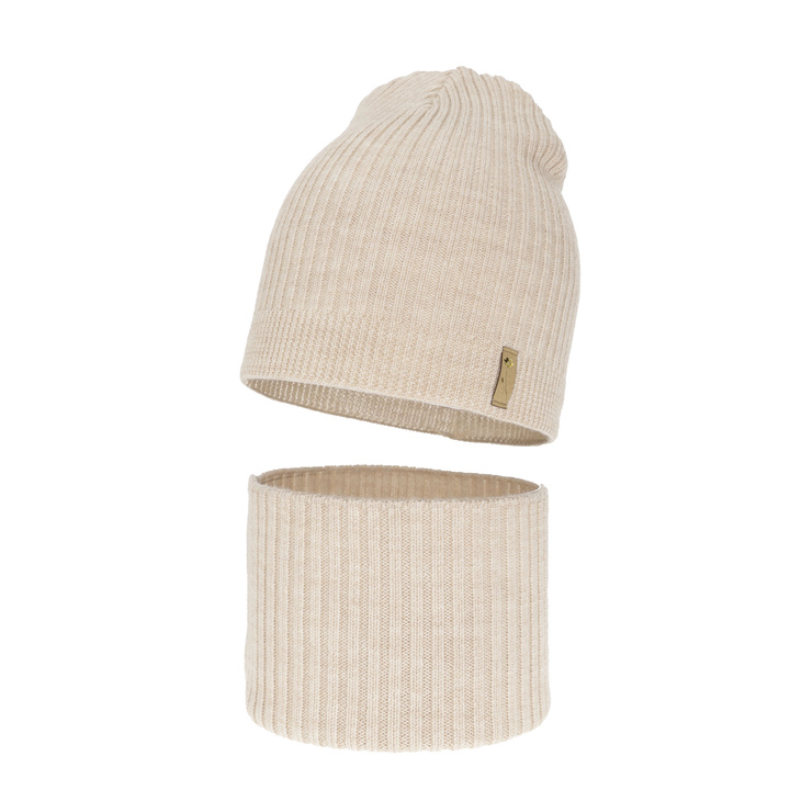 Czapka i komin dla dziewczynki jesienny, wiosenny komplet, beżowy, 100% wełniany merino Chelsie