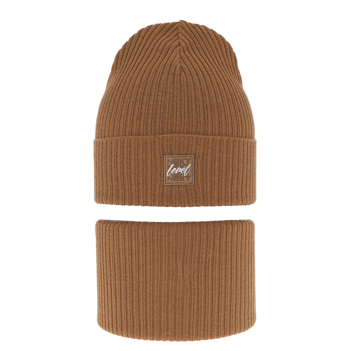 Czapka i komin dla chłopca jesienny, wiosenny komplet, z bawełną, camel Fenix