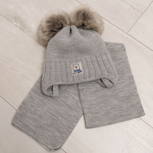 Czapka i szalik dla chłopca zimowy komplet, niebieski, z dwoma pomponami, wiązany Jewel