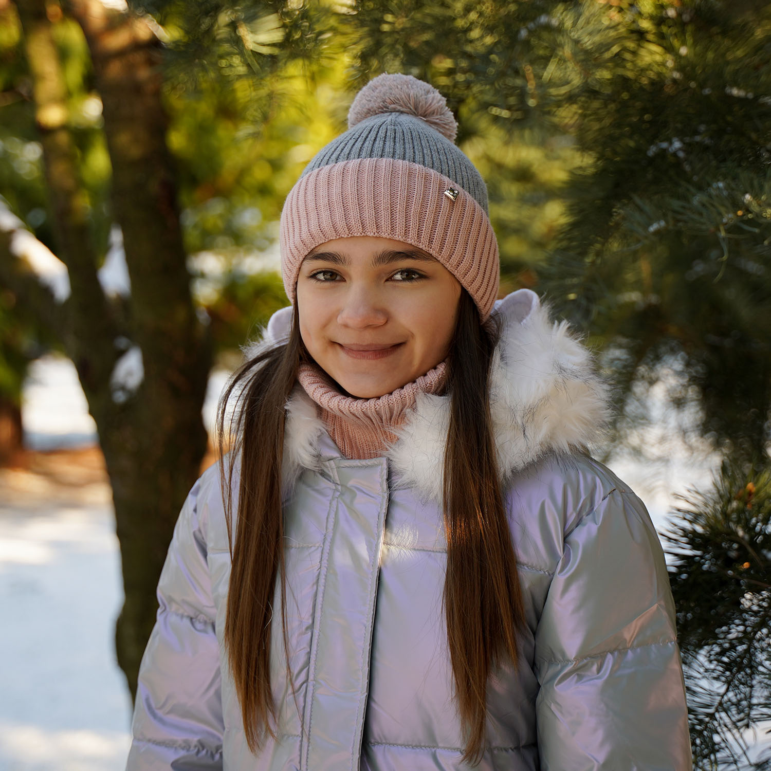 Czapka i komin dla dziewczynki zimowy komplet, beżowy Kolumbina