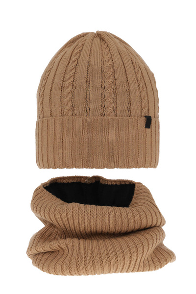 Czapka i komin dla chłopca zimowy komplet, camel, z wełną merino, podszyty polarem Kairo