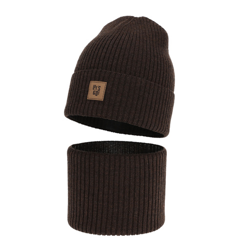 Czapka i komin dla chłopca, jesienny, wiosenny komplet ciemnobrązowy 100% wełniany merino Vanto