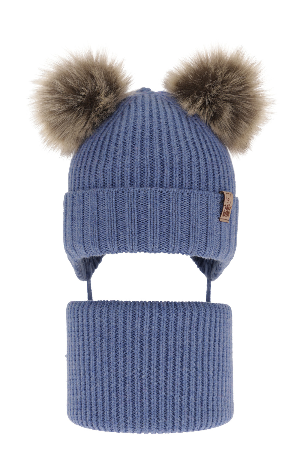 Czapka i komin dla chłopca zimowy komplet, niebieski, 100% wełniany merino, wiązany Konor