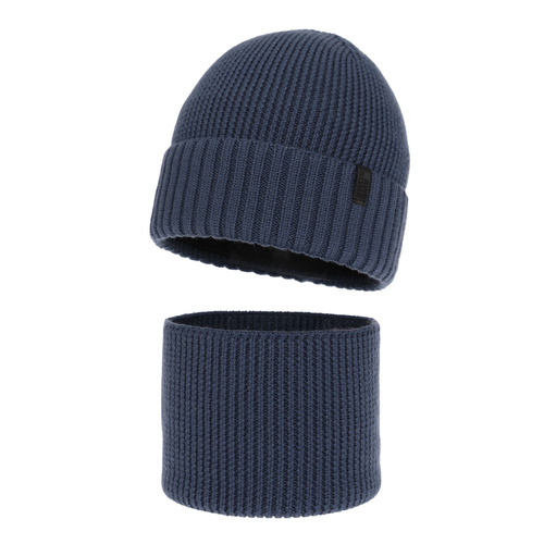 Czapka i komin dla chłopca, zimowy komplet, 100% wełniany merino, z podszyciem z wełny merino, niebieski Harbin