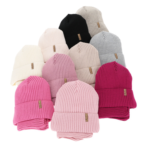 Czapka i komin podszyty bawełną dla dziewczynki zimowy komplet, amarantowy, z wełną merino, Odette