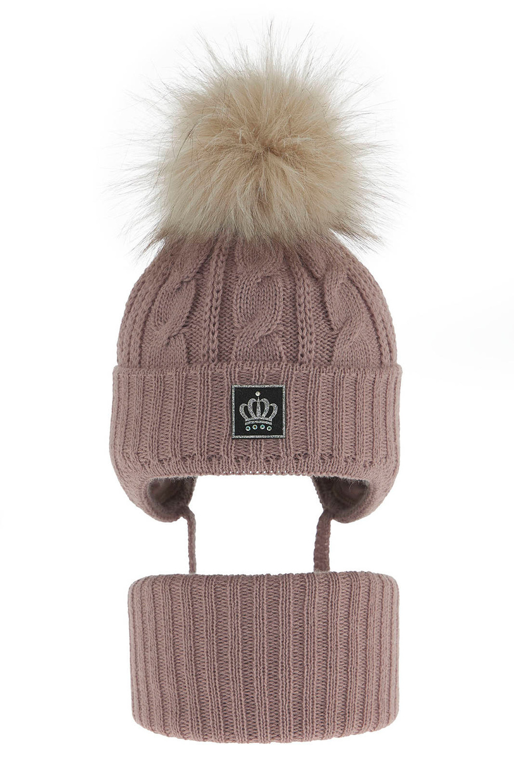 Czapka i komin dla dziewczynki zimowy komplet, wrzosowy, wiązany Tigra