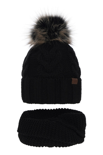 Czapka i komin dla dziewczynki zimowy komplet, czarny, z pomponem Torina