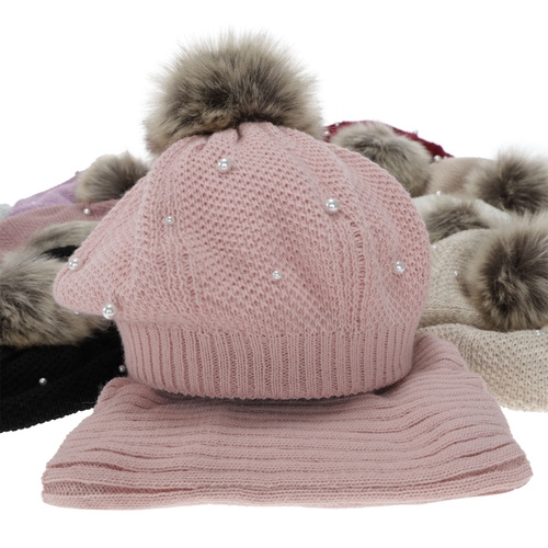 Beret i komin dla dziewczynki, zimowy komplet podszyty polarem, fioletowy, z pomponem Jeanette