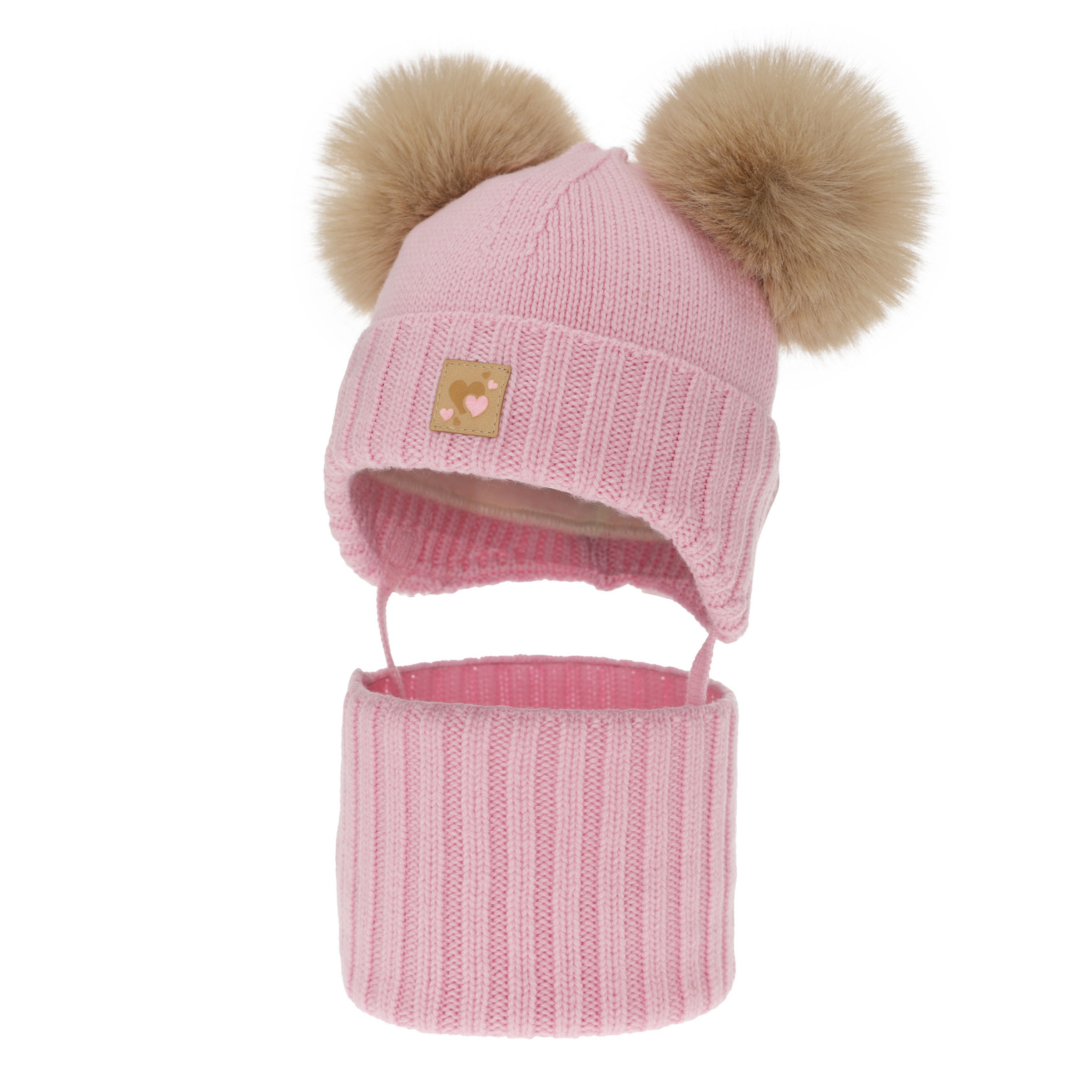 Czapka i komin dla dziewczynki, zimowy komplet, różowy, 100% wełniany merino, podszyty polarem wełnianym, Ronia