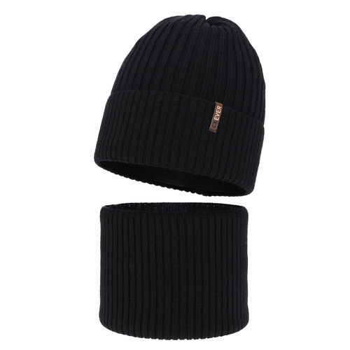 Czapka i komin dla chłopca, zimowy komplet, czarny, 100% wełniany merino, Gizmo
