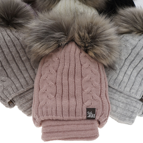 Czapka i komin dla dziewczynki zimowy komplet, fioletowy, z dwoma pomponami Marlen