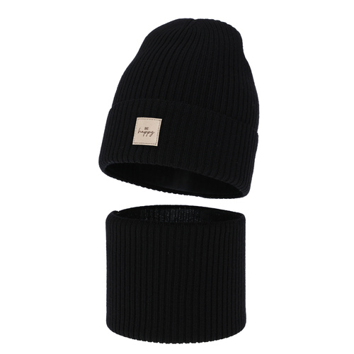 Czapka i komin dla dziewczynki, jesienny, wiosenny komplet, czarny, 100% wełniany merino, Vanita