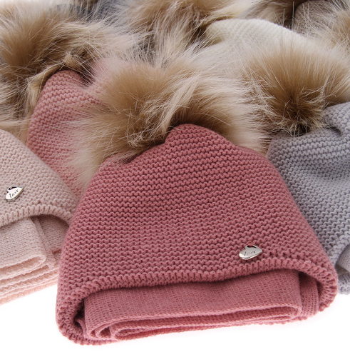 Czapka i szalik dla dziewczynki zimowy komplet, camelowy, z pomponem Aimi