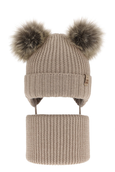 Czapka i komin dla chłopca zimowy komplet, beżowy, 100% wełniany merino, wiązany Konor