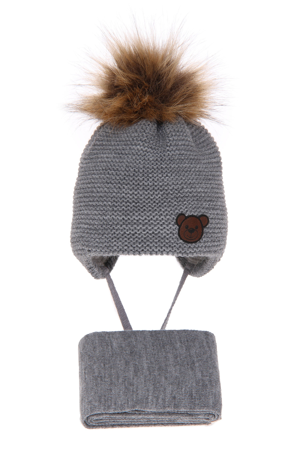 Czapka i szalik dla chłopca zimowy komplet, szary, z pomponem, wiązany Banksi