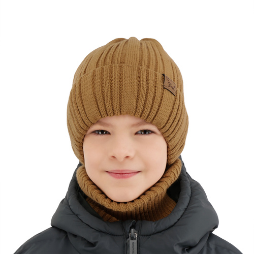 Czapka i komin dla chłopca zimowy komplet, jasnobrązowy Klaris