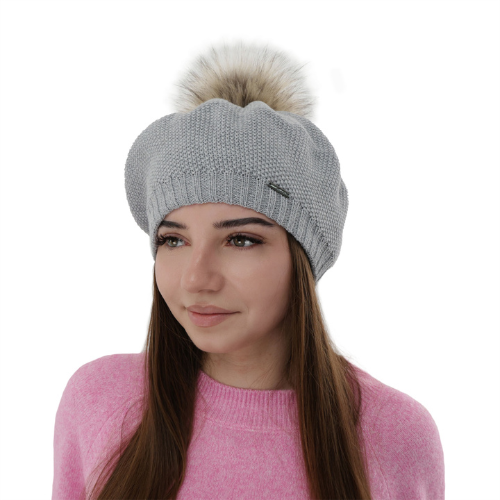 Beret damski zimowy, szary, z wełną merino Bonnie