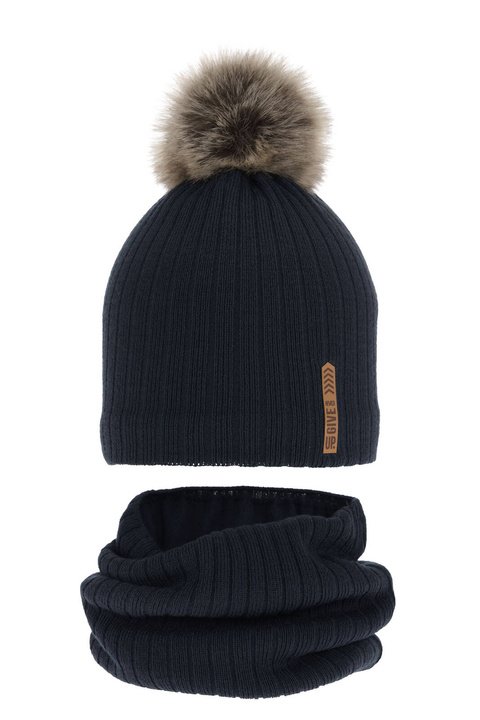 Czapka i komin dla chłopca zimowy komplet, granatowy, z pomponem Kalen