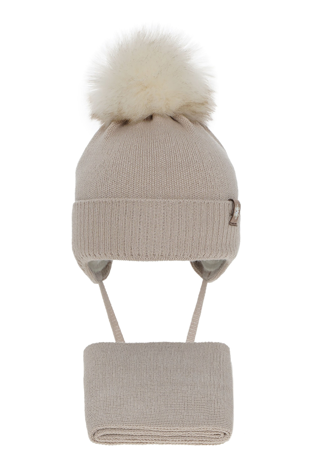 Czapka i szalik dla dziewczynki zimowy komplet, beżowy, wiązany, z pomponem, wełniany merino Arika