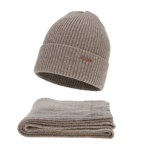 Czapka i szalik damski, zimowy komplet, ciemnobeżowy, z wełną merino, Seala