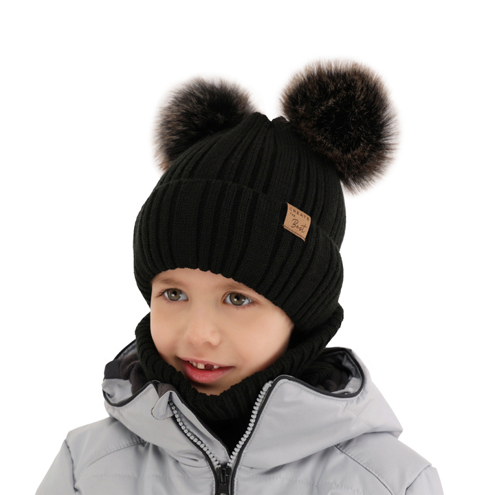 Czapka i komin dla chłopca zimowy komplet, czarny, z dwoma pomponami Bilard