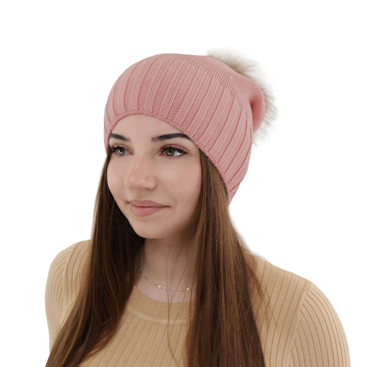 Czapka zimowa damska, różowa, z pomponem, z wełną merino Malga