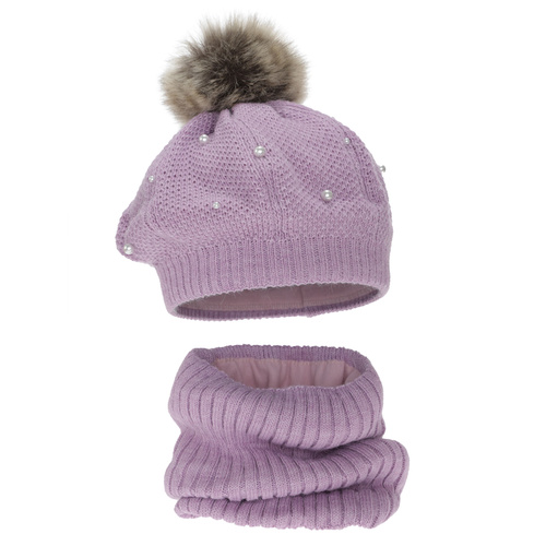 Beret i komin dla dziewczynki, zimowy komplet podszyty polarem, fioletowy, z pomponem Jeanette