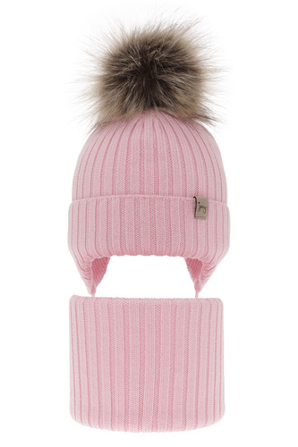 Czapka i komin dla dziewczynki zimowy komplet, różowy, 100% wełniany merino, wiązany Junika