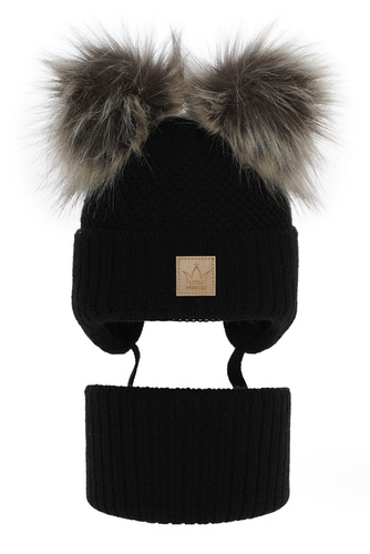 Czapka i komin dla dziewczynki zimowy komplet, czarny, z dwoma pomponami Minsi