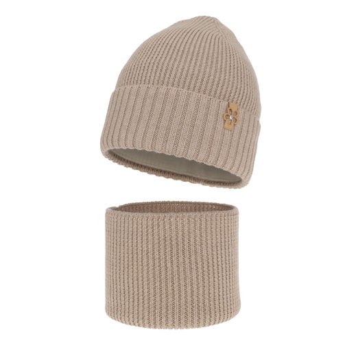 Czapka i komin dla dziewczynki zimowy komplet, beżowy, 100% wełniany merino Nelita
