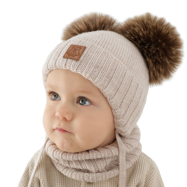 Czapka i komin dla chłopca, zimowy komplet, jasnobeżowy, 100% wełniany merino, podszyty polarem wełnianym, Ronik