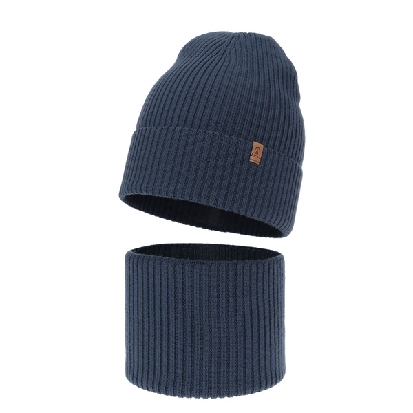 Czapka i komin dla chłopca jesienny, wiosenny komplet, ciemnoniebieski, 100% wełniany merino Lemas