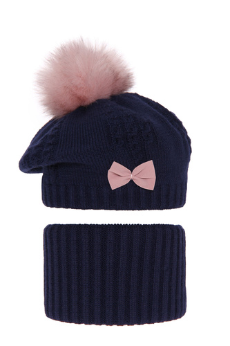 Beret i komin dla dziewczynki zimowy komplet, granatowy, z pomponem Amora