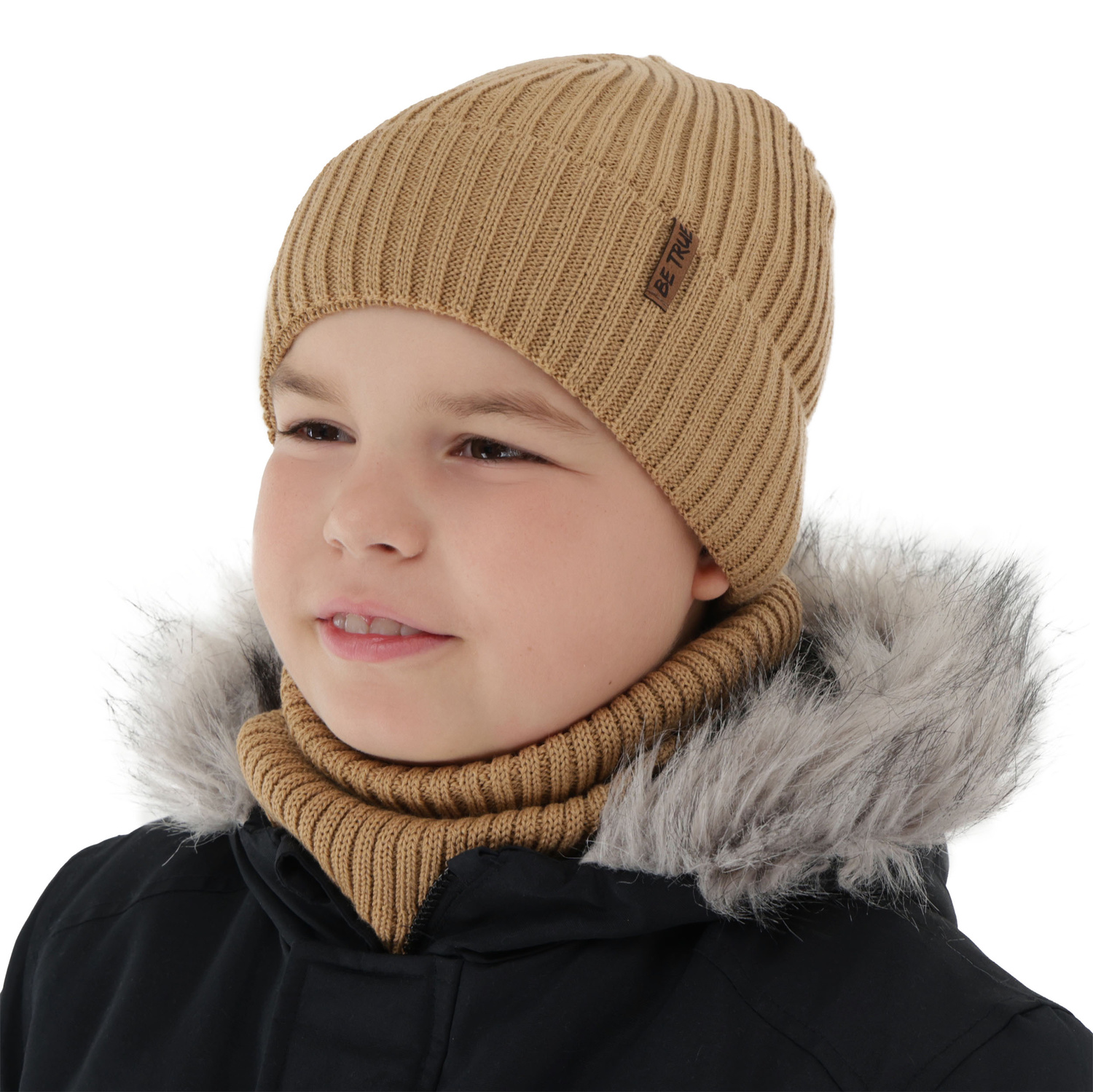 Czapka i komin podszyty bawełną dla chłopca zimowy komplet, camel, z wełną merino, Colton