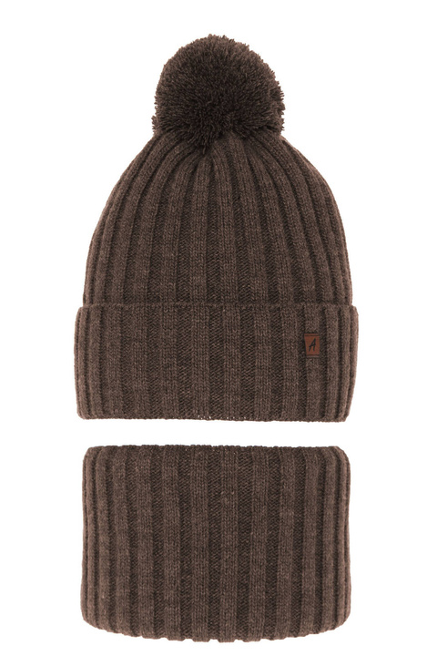 Czapka i komin dla chłopca zimowy komplet, brązowy, z pomponem Wiliam