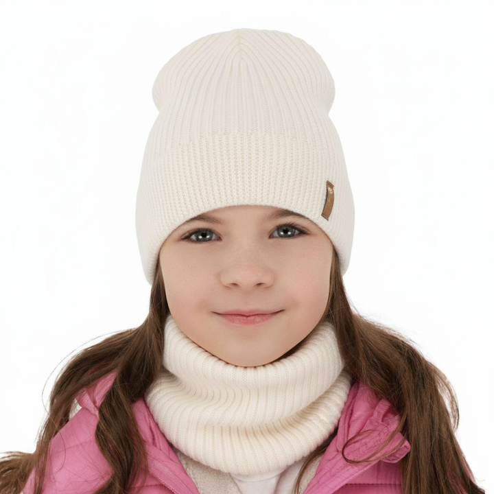 Czapka i komin dla dziewczynki jesienny, wiosenny komplet, kremowy, 100% wełniana merino Chelsie