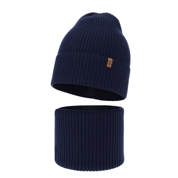 Czapka i komin dla chłopca jesienny, wiosenny komplet, granatowy, 100% wełniany merino Lemas