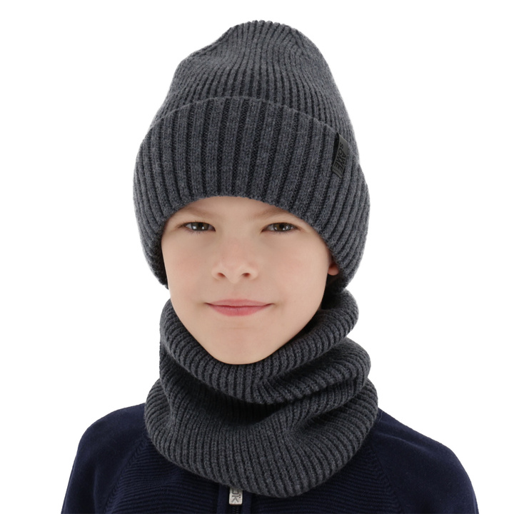 Czapka i komin dla chłopca, zimowy komplet, 100% wełniany merino, z podszyciem z wełny merino, szary Harbin
