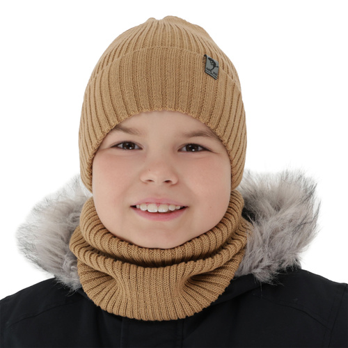 Czapka i komin dla chłopca zimowy komplet, camel, wełniany merino, podszyty polarem Gecko