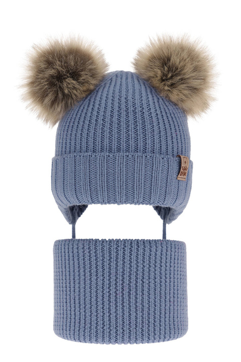 Czapka i komin dla chłopca zimowy komplet, niebieski, wiązany, 100% wełniany merino Konor