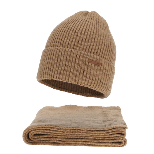 Czapka i szalik damski, zimowy komplet, camel, z wełną merino, Seala