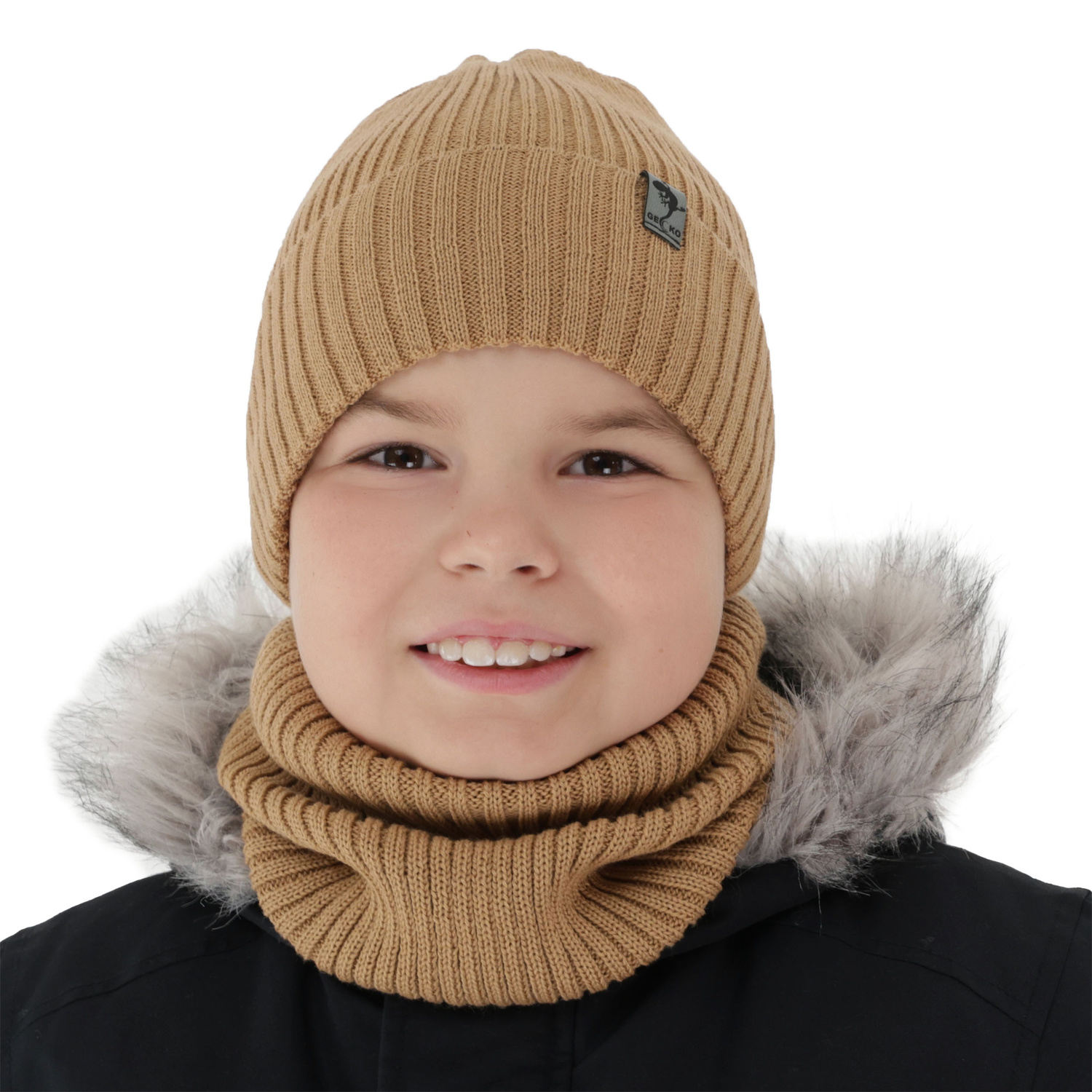 Czapka i komin dla chłopca zimowy komplet, camel, wełniany merino, podszyty polarem Gecko