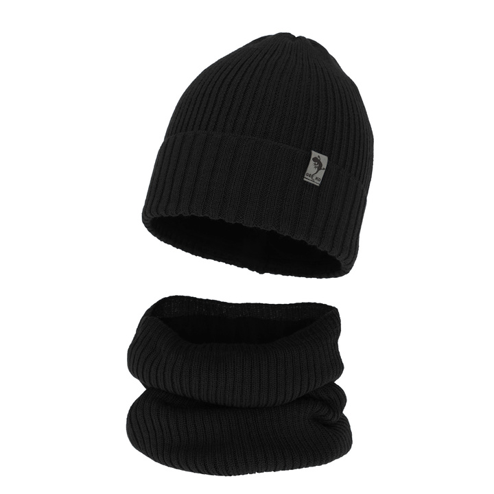 Czapka i komin dla chłopca zimowy komplet, czarny, wełniany merino Gecko