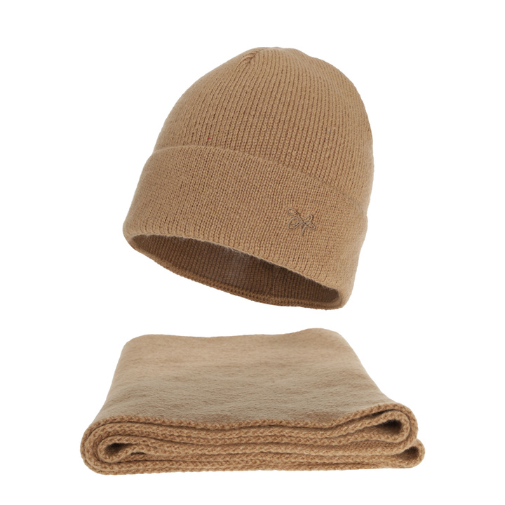 Czapka i szalik damski, zimowy komplet, camel, Rava