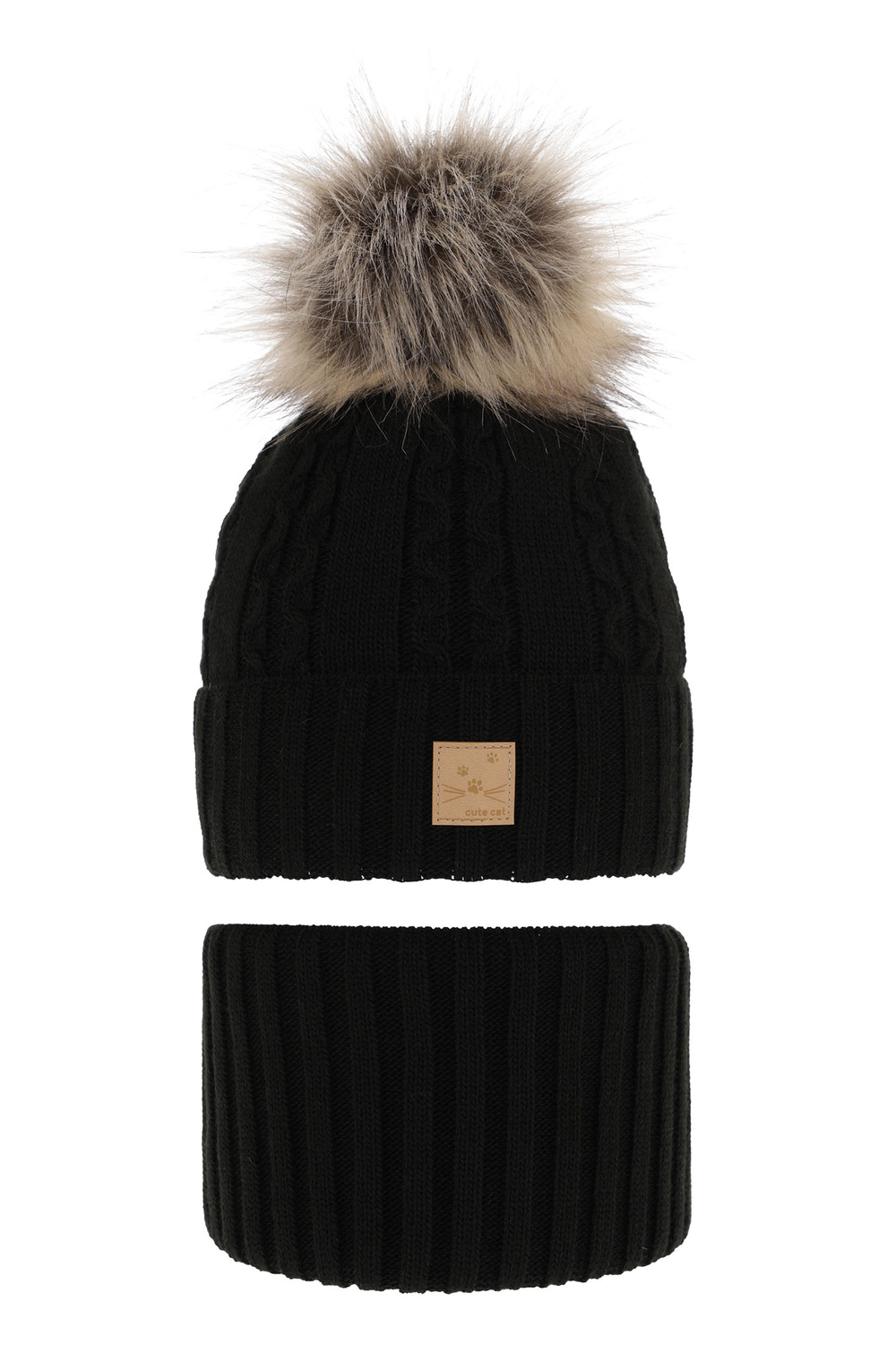 Czapka i komin dla dziewczynki zimowy komplet, czarny, z pomponem Alexia