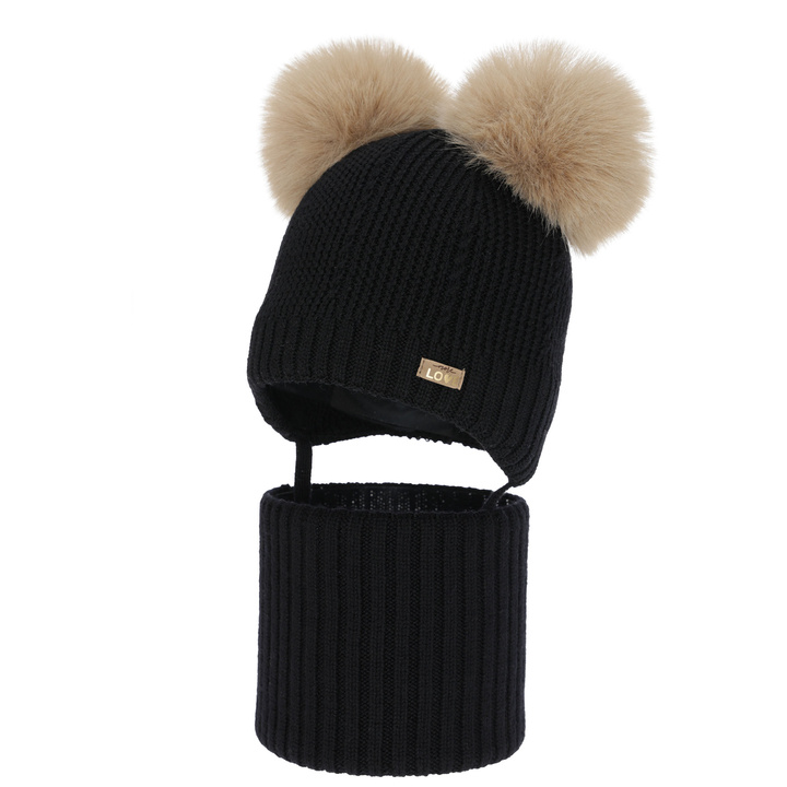 Czapka i komin dla dziewczynki, zimowy komplet, czarny, 100% wełniany merino, podszyty polarem wełnianym, Lumia