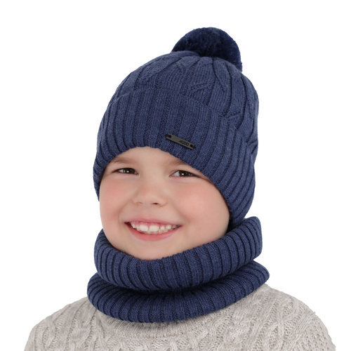 Czapka i komin dla chłopca zimowy komplet, zielony, z pomponem, wełniany merino Talar
